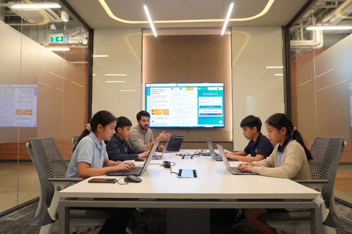 Students building AI-powered projects on laptops with a mentor in the Builder Lab